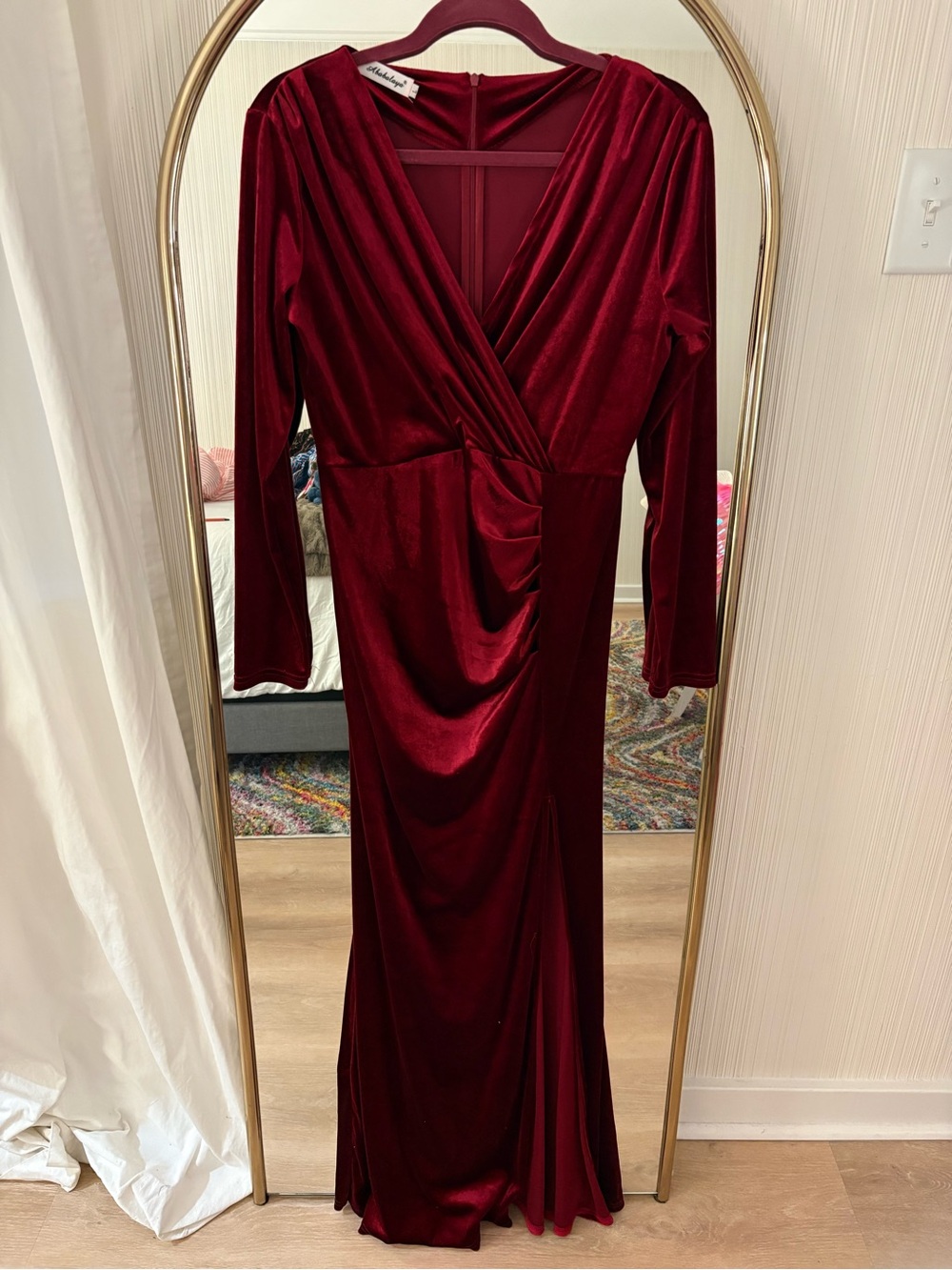 Women's Burgundy Velvet Wrap Maxi Dress with Gathered Waist